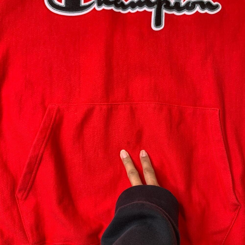 Champion Sweatshirt Mens L Large Red Reverse Weave Fleece Lined Hooded Pullover - Picture 3 of 11